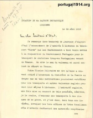 Legação de Sua Majestade Britanica em Lisboa -  Chegada a Lisboa do transportador Kursk  que o Governo de sua Majestade coloca à disposição do Governo de Portugal para transportar certas tropas via França